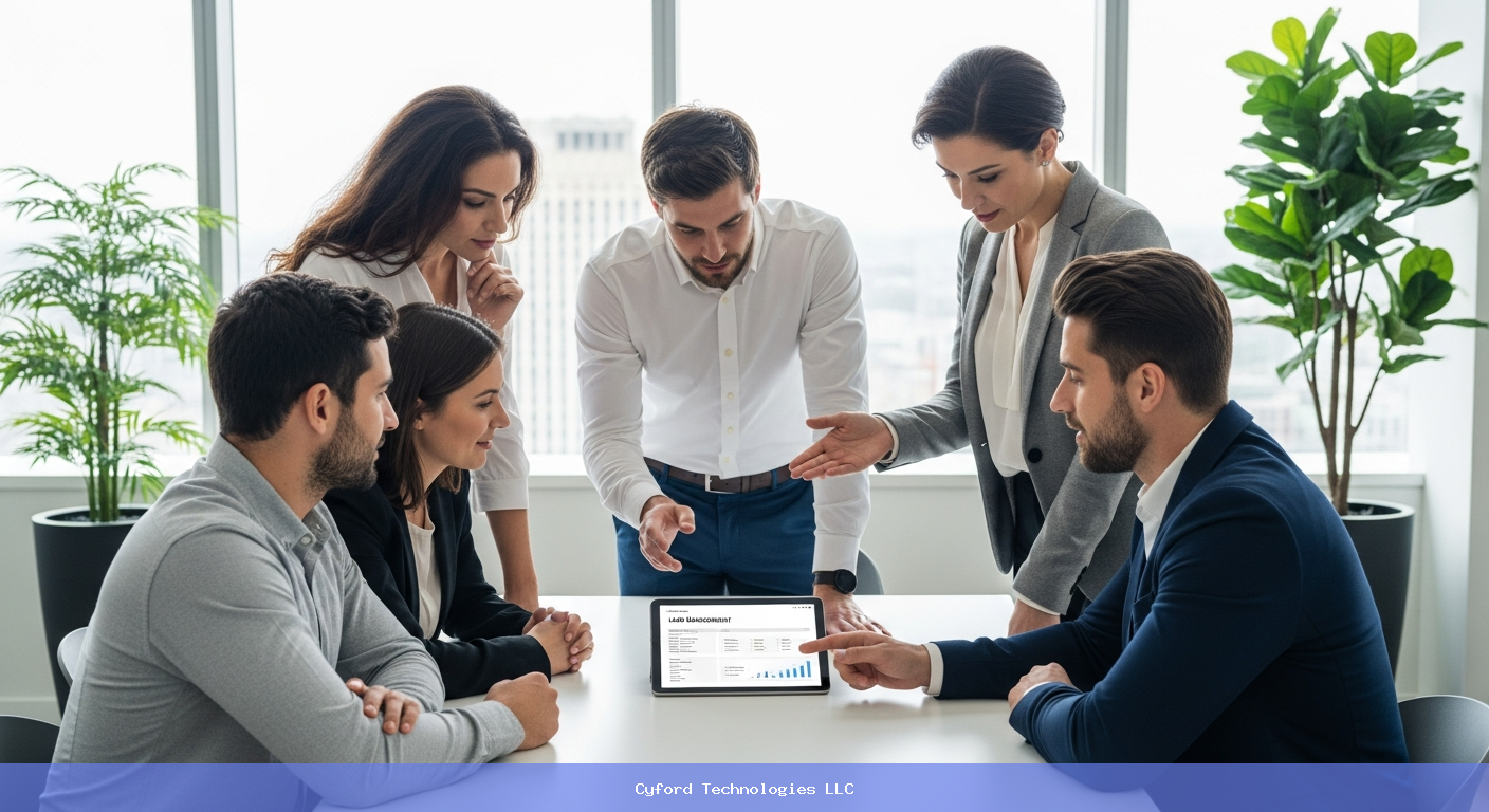 Business team collaborating over lead management data on a tablet in a bright office
